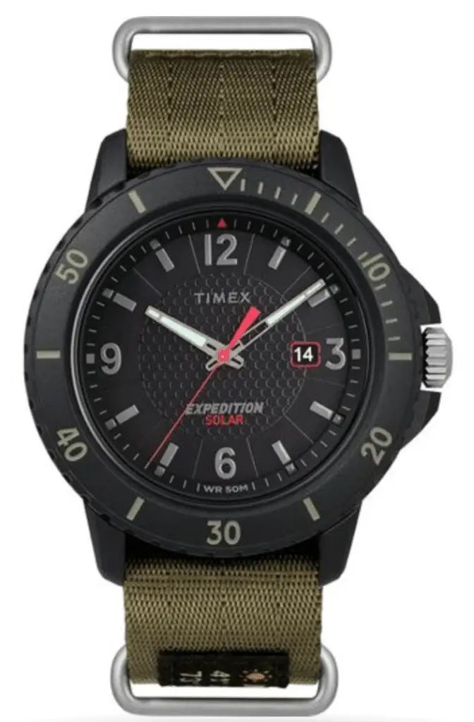 Timex military timepiece with army-green straps and analog dial