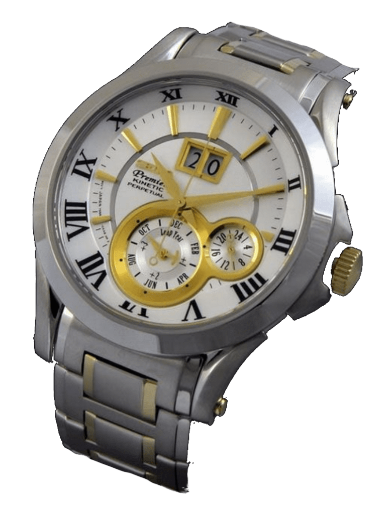 Stainless steel timepiece with golden hands