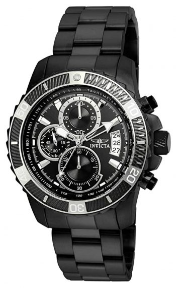 Grayscaled watch with textured bezel and black metal band